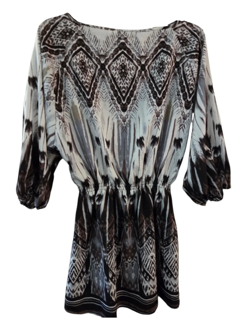 Angie Boho Tribal Patterned Brown and Cream Women’s Tunic - Size L - Picture 2 of 4